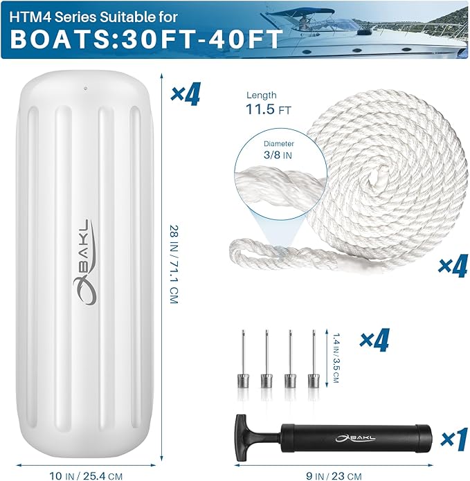 Boat Fenders 4 Pack 10 x 28 Inches Ribbed Center Hole Boat Fenders Bumpers for Docking, Comes with Ropes and Pump to Inflate