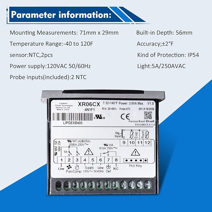 for Dixell XR06CX-4N1F1 Temperature Controller, Fit for 120V 50-60hz Commercial Refrigerators/Freezer,for Dixell Temperature Controller with Sensor Probe (4N1F1)