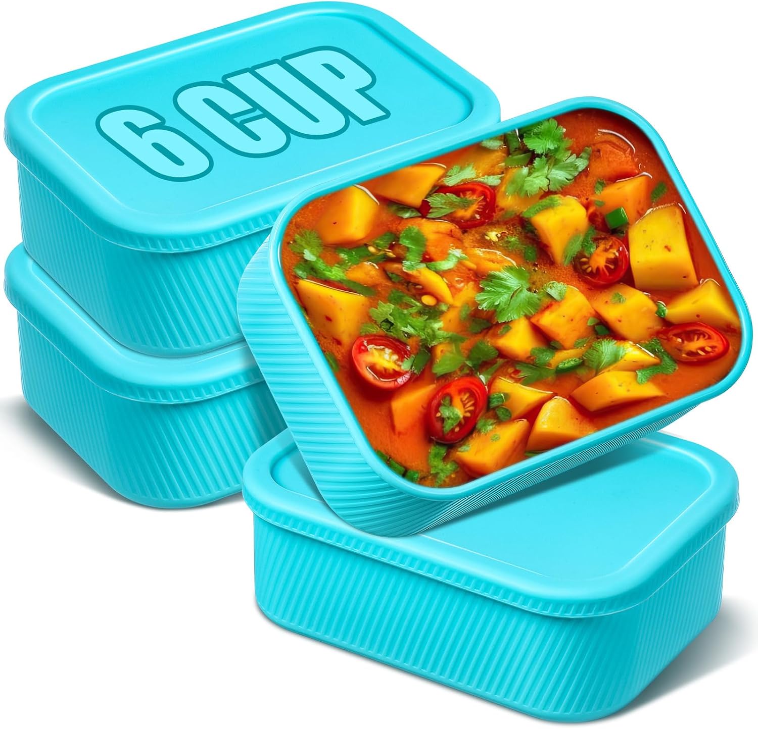 Nuogo 4 Pcs 6 Cup Silicone Freezer Trays with Lid Soup Containers Reusable Freezer Silicone Molds Rectangle Containers Ice Trays for Sauces Stews Curries, Lake Blue
