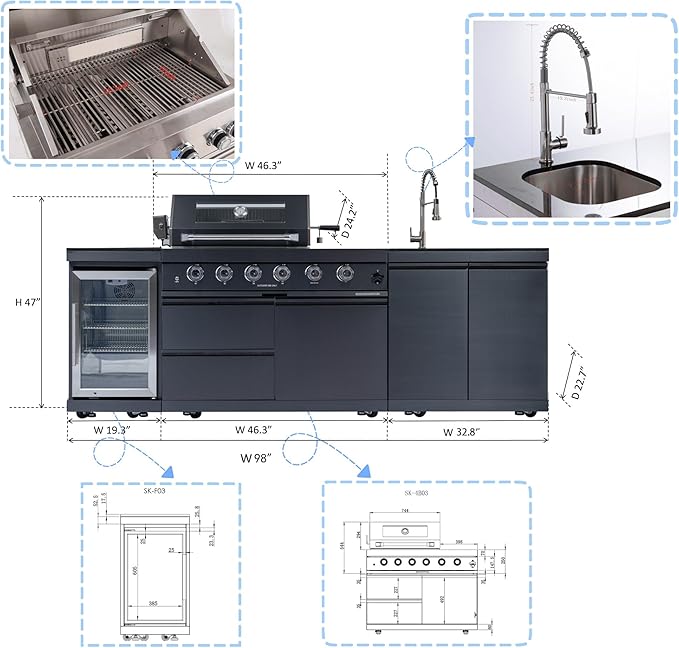 98-Inch Modular Propane-Powered Outdoor Kitchen Island, All-in-One Patio Cooking Station with BBQ Grill, Refrigerator, Sink & Storage