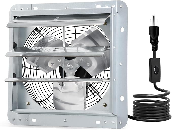 Criditpid 14 Inch Shutter Exhaust Fan, Wall Mounted Vent Fan for Garage, Attic, Greenhouse, Shop, Chicken Coop, 1088 CFM 1450 RPM High-Speed Louvered Exhaust Fan with ON/OFF Switch 1.8M Power Cord Kit