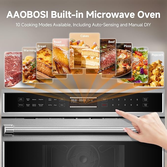 AAOBOSI 30 Inch Built in Microwave Oven,1.6 Cu.Ft Wall Microwave Convection Ovens Air Fryer Combos, 1000Watt Power Sensor&Auto Cook, 10 Cooking Modes, Drop Down Door,Stainless Steel