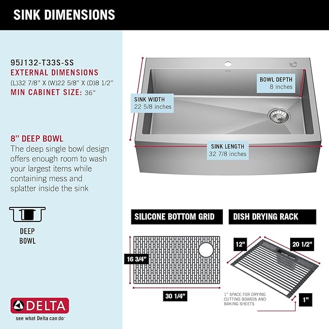 DELTA FAUCET Delta Lenta 33-inch Retrofit Farmhouse Apron Front 16 Gauge Stainless Steel Single Bowl Kitchen Sink for Undermount/Drop-In Installation with Accessories, 95J132-T33S-SS