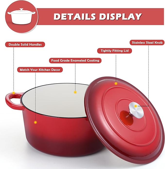 TeamFar Enameled Cast Iron Dutch Oven, 6 Quart Pot with Lid & Dual Handles - Heavy Duty Cookware Oven Safe up to 500° F for Bread Baking, Stews, Braising, Roasting - Red