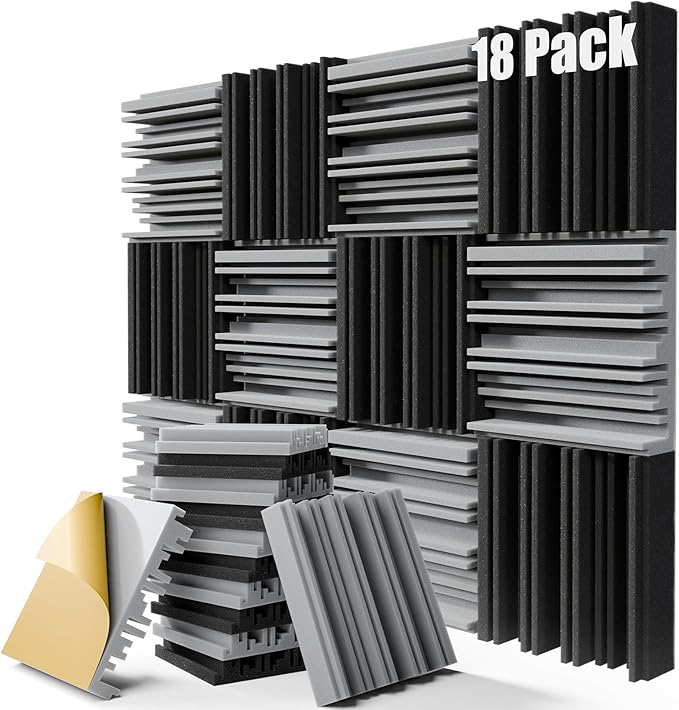 18 Pack Sound Proof Foam Panels for Walls, 12" x 12" x 2" Self-Adhesive Acoustic Panels, High-Density Soundproof Wall Panels for Studio Home and Ceilings (Black+gray)