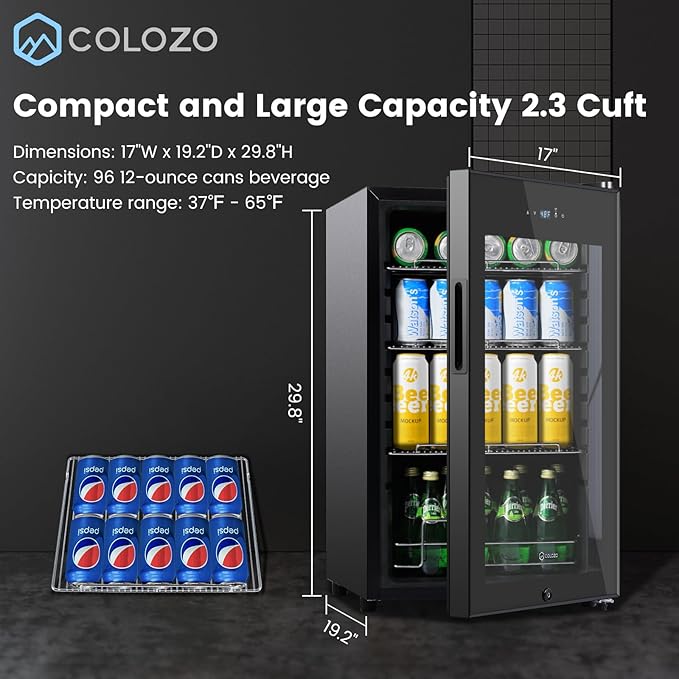 17 Inch Black Beverage Refrigerator Cooler, 96 Cans Mini Fridge with Glass Door&Lock, Beer Fridge for Soda Water or Wine, Drink Refrigerator for Home Office Bar Bedroom