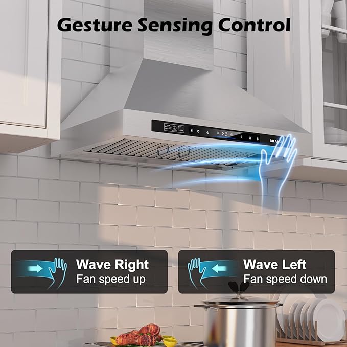 Wall Mount Range Hood 30 inch，900 CFM Kitchen Hood with Voice/Gesture/Touch Control，Vent Hood in Stainless Steel With Ducted/Ductless Convertible, 4 Speed Exhaust Fan