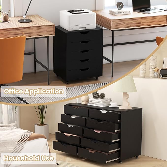 File Cabinet, Mobile Filing Cabinet w/Universal Wheels & 5 Drawers, Wood Printer Stand with Storage, Rolling File Cabinets for Home Office, Living Room, Bedroom (Black, 5 Drawers)