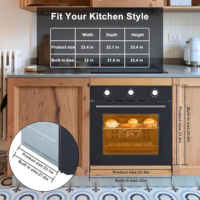 24 Inch Built-in Electric Single Wall Oven, 2.5Cu.ft. Stainless Steel Convection Oven with 8 Cooking Functions, Mechanical Knob Control, Timer, Convection Fan and Safety Lock, 3000W, Black