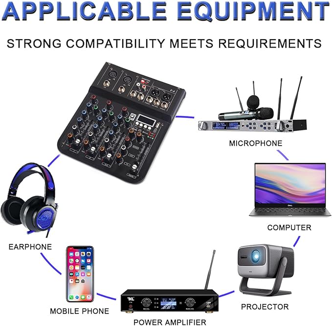 4 Channel mixer, DJ Mixer Board with Bluetooth and Usb, Audio Sound Card with Interface Recording and 48V Phantom Power, Sounds Mixer Board with FX Reverb Delay Effect for Streaming