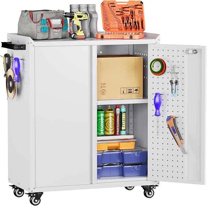 Aobabo 34.3" H Garage Storage Cabinet with Wheels,Lockable Metal Storage Cabinet with 2 Doors for Garage Home Office Storage,White,Assembly Required