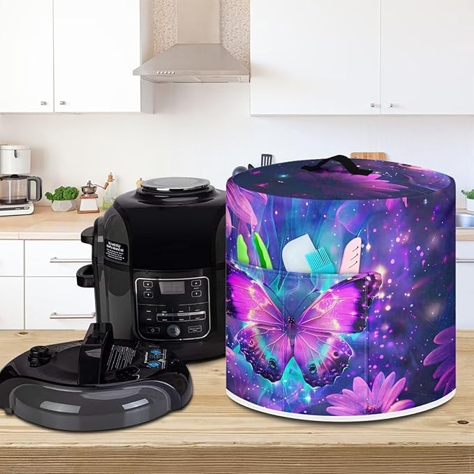 Dust-proof Kitchen Appliance Protector Cover 8 Quart Pressure Cooker/Air Fryer/Rice Cooker Cover with Top Handle and Storage Pocket Purple Flowers Print Home Kitchen Decorations