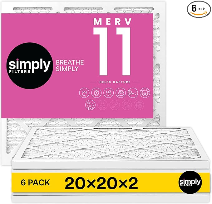Simply 20x25x2 Air Filter, MERV 11, 6 Pack, Furnace Air Filter for HVAC (Actual Size: 19.5"x24.5"x1.75") DUST, Pet & Allergy Control