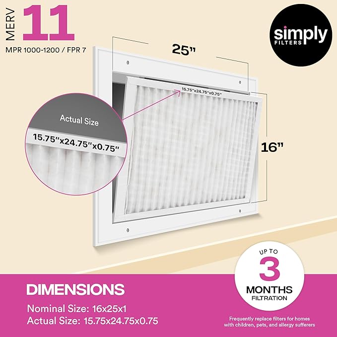 Simply 16x25x1 Air Filter, Merv 11, MPR 1000, 6 Pack, Furnace Air Filter for HVAC (Actual Size: 15.75"x24.75"x0.75") DUST, Pet, & Allergy Control
