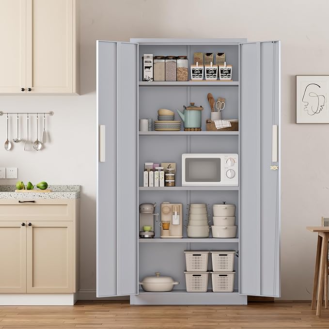 Crownland 63" Metal Storage Cabinet, Lockable Garage Storage Cabinets, High Office Cabinet with Adjustable Shelves for Garage, Home Office, Pantry, File(Cement Grey)