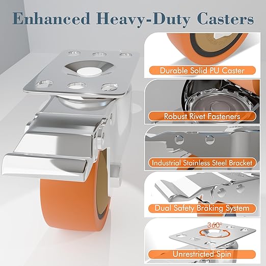 4 Inch 304 Stainless Steel Swivel Caster with Brake, Set of 2, Heavy Duty Industrial & Commercial Anti-Corrosion Casters for Hospital, Lab Equipment, Food Service, Furniture