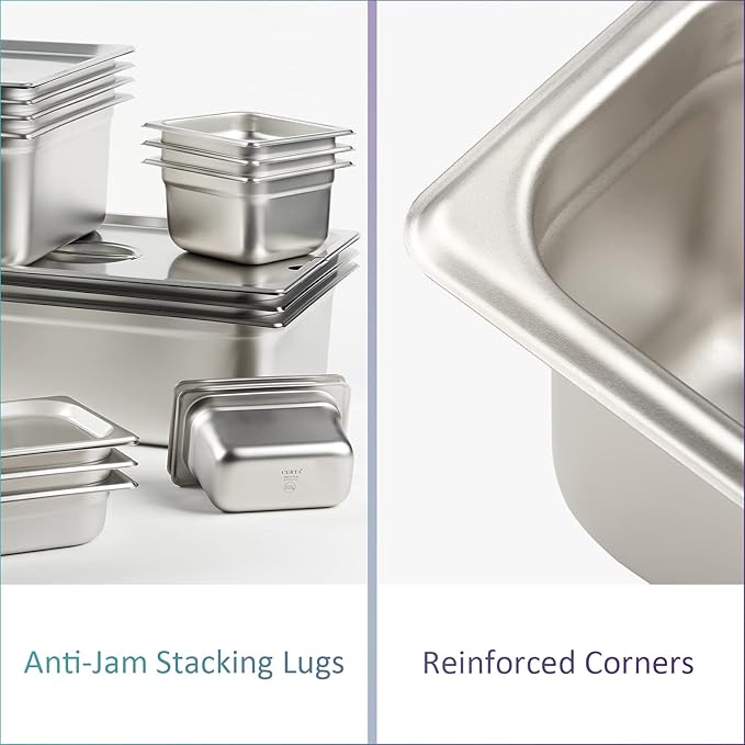 CURTA 6 Pack Anti-Jam Hotel Pans, 1/6 Size 2 1/2 Inch Deep, NSF Commercial 18/8 Stainless Steel Chafing Steam Table Pan, Catering Storage Metal Food Pan