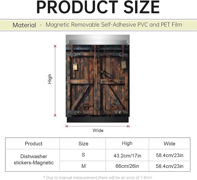 Barn Wooden Door Dishwasher Cover Panel Sticker, Vintage Wooden Door Skin Cover for Dishwasher Refrigerator Cabinets (23" x 26" Ordinary)