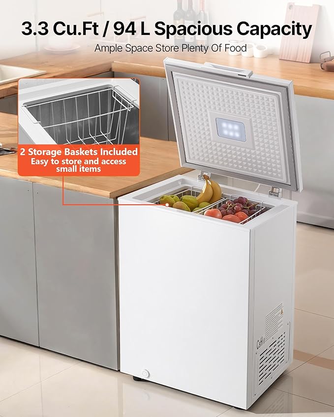 VEVOR Chest Freezer, 3.3 Cu.ft Compact Deep Freezer, Free Standing Top Open Door Chest Freezers with 2 Removable Baskets & Adjustable Thermostat - Energy Saving, Low Noise & Garage Ready, White