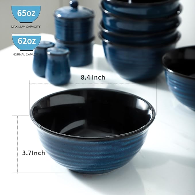 Serving Bowls, 60oz Ceramic Mixing Bowls Set of 2 for Baking Cooking Kitchen Party, 8.4 inch Large Durable Bowls for Soup Salad Ramen Pho Fruit Cereal Popcorn, Microwave & Dishwasher Safe, Blue