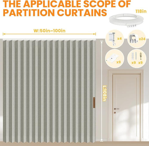 100% Blackout Room Divider Curtains - with Flexible Ceiling Curtain Track, Noise Reduce Barrier for Portable Curtain for Sliding Glass Door/Space Room Divider (Grey, W100 x L108, 1 Pack)