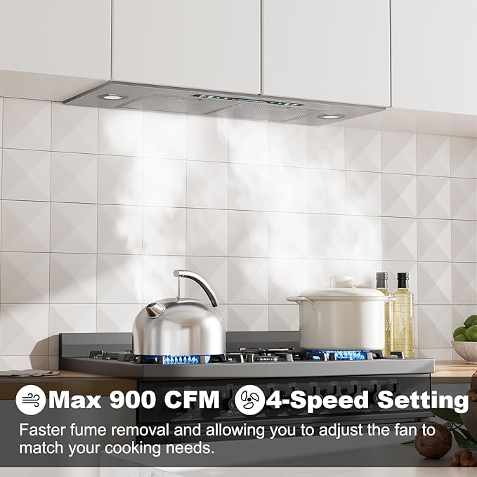 HisoHu Insert Range Hood 36 Inch, 900 CFM with Ducted Convertible Ductless (Kit Included), 4 Speed Gesture Sensing&Touch Control Panel, Stainless Steel Kitchen Vent (36 Inch)