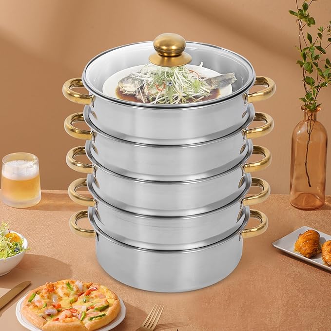 Stainless Steel Steamer Pot, 11-Inch Steamer for Cooking, 5-Tier Food Steam Pots with Lid for Cooking Vegetables, Seafood, Soups, Stews, Dumplings and Pasta