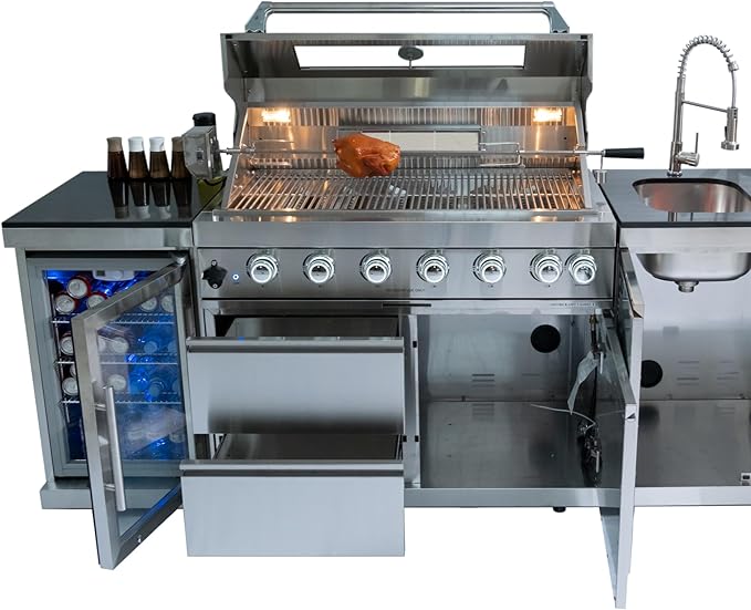 85 Inches 6-Burner 85,000 BTU Deluxe Stainless Steel Propane Gas Grill Outdoor Kitchen Island,Sink,Beverage Refrigerator Storage & Rotisserie Kit for Patio Backyard Cooking,Silver