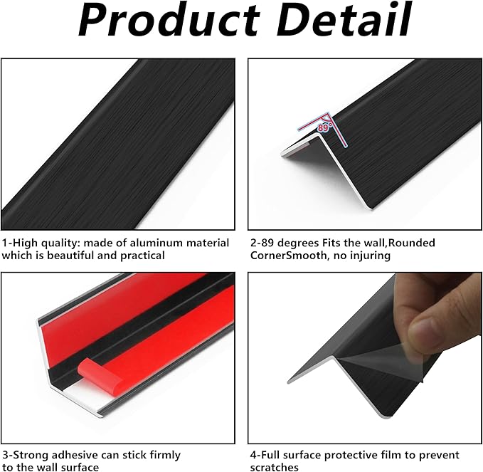 5pcs 48"L*1.42"W Aluminum Self-Adhesive Wall Corner Protectors, Wall Furniture Bumper, Safety Baby Proofing Corner Cushion Table Edge, Wide Coverage and Easy to Install - Black