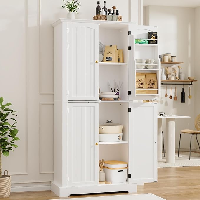 MHOM 71" Tall Pantry Cabinet, Farmhouse Kitchen Storage Cabinet with 6 Hanging Shelves and Adjustable Shelves, Freestanding Cupboard for Kitchen & Dining Room, White