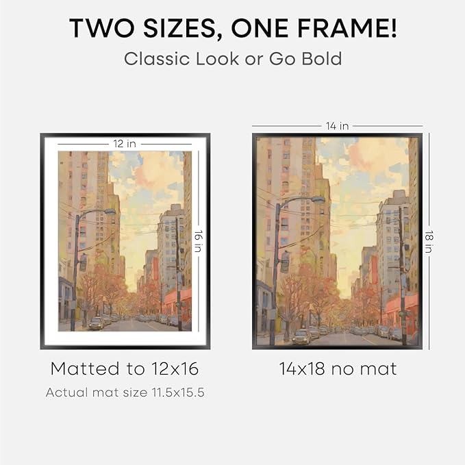 Homeforia 14x18 Picture Frame Black, High End Metal 14x18 Poster Frames with Mat 12x16 for Photo, 14 x 18 Black Frame Matted to 12 x 16 inch Print, 18x14 Thin Frame, Tempered Glass, Wall Kit, Set of 2