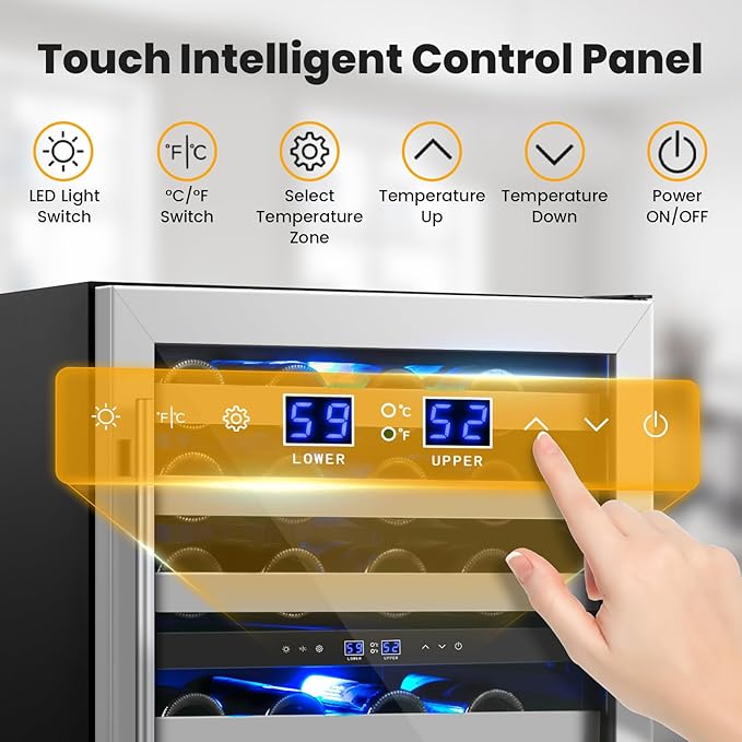 24 Inch Wine Cooler & Fridge Under Counter,54 Bottle Dual Zone Wine Cooler,New Upgrade Compressor,Blue Light Built-in/Freestanding,Reversible Stainless Steel Door Wine Fridge for Home/Kitchen