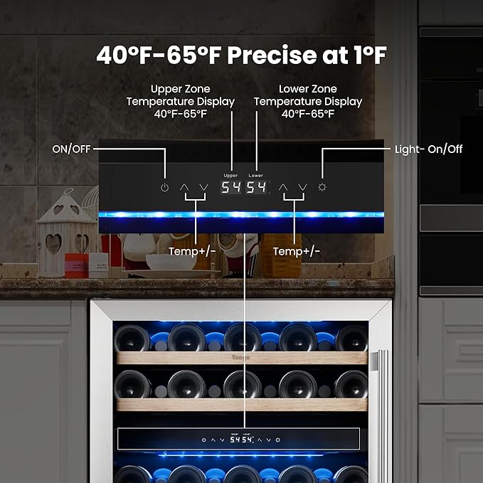 Yeego 24 Inch Wine Fridge Cooler - 52 Bottles Dual Zone Wine Cooler with Glass Door, 40-65℉ Built-In or Freestanding Refrigerator, Under Counter Wine Fridge for Kitchen Bar Office (Left-Hinged)