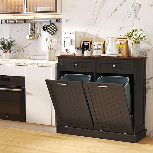 Tilt Out Trash Can Cabinet Dog Proof with Double Wood Hidden Trash Can Holder, Kitchen Free Standing Recycling Cabinet（Black）
