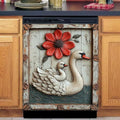 Swan with Red Flower Magnetic Dishwasher Cover Vinyl Sticker,Vintage Wooden Floral Dishwasher Magnet Cover,Rustic Wood Fridge Door Cover Magnets Art Skin Panel Decal for Home Decor, 23"X26"