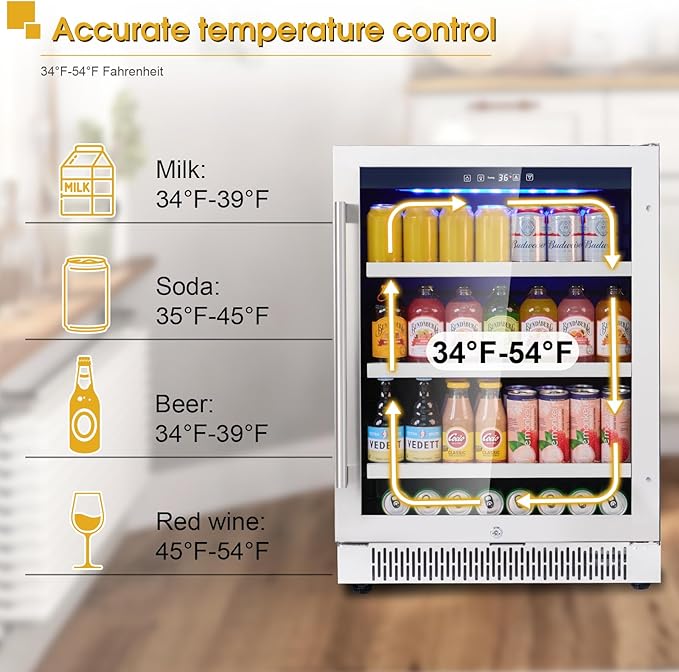 24 Inch Beverage Refrigerator Cooler, Beverage Fridge with Stainless Steel Door for 164 Cans, Built-in Counter or Freestanding 3-Color LED Light Beer and Drink Fridge for Bar Home Office