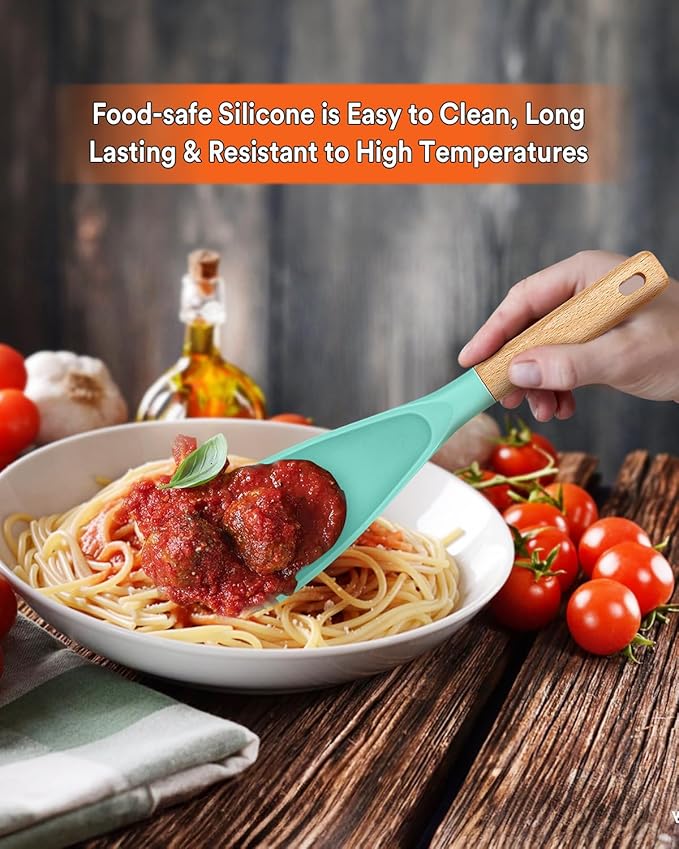 Cooking Spoon for Nonstick Cookwares, Great for Cooking and Serving Sturdy BPA-Free Matte Silicone, Wood Handle Spoon for Mixing, Scoop, and Scrape (GREEN, 11.4 inch)