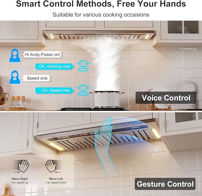 BRANO Range Hood Insert 30 Inch, 900 CFM Smart Voice/Gesture/Touch Control, 4 Speed Exhaust Fan, Stainless Steel Kitchen Hood with Charcoal Filter, Ducted/Ductless Convertible