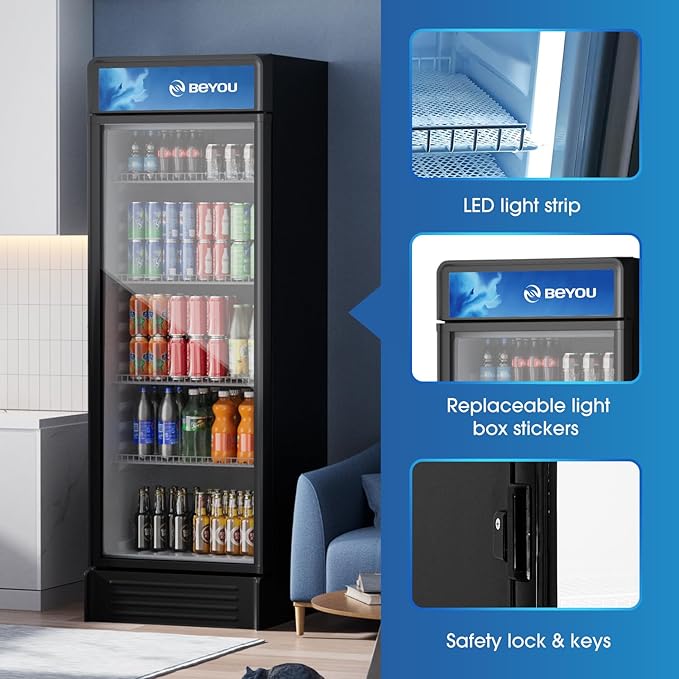 BEYOU Display Merchandiser Refrigerator, 13.3 cu. Ft Commercial Upright Beverage Fridge with single Glass Door, Drink Cooler for Living Room,Bar,Garage（Black）