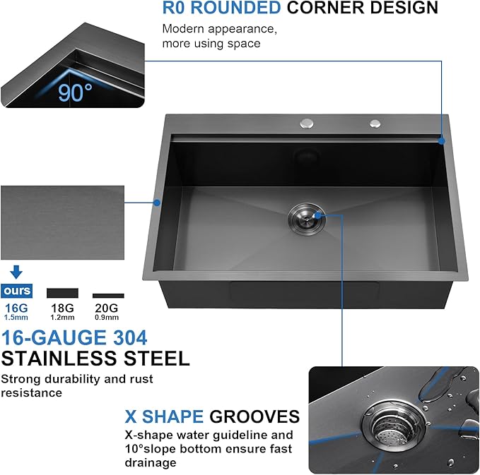 Scamall 33x22x10 Drop In Kitchen Sink Workstation, Nano Black 304 Stainless Steel Deep Single Bowl with Quick Drainage & Tarnish-Free Surface for Bar, Laundry, RV, Includes Accessories