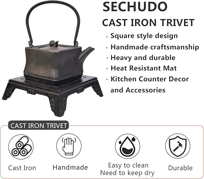 Cast Iron Trivet for Tea Kettles or Pots, Kitchen Counter Decor and Accessories Heat Resistant Mat for Serving Dishs or Pans, Holder Pads for Tea Table and Countertop (Dark Coffee, 5.9", Square)