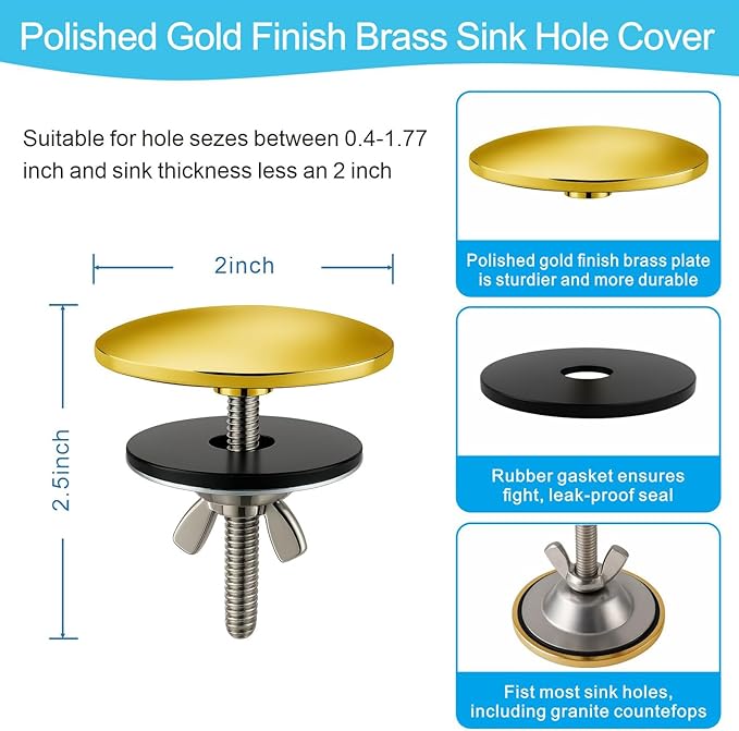 2 Inch Faucet Hole Cover, Sink Hole Cover, Solid Brass Polished Gold Finish Kitchen Sink Tap Hole Plate Stopper Cover for Home Kitchen and Bathroom, Kitchen Sink Hole Covers (Gold)