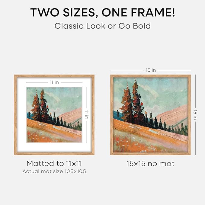 Homeforia 15x15 Picture Frame Natural Wood, High End Oak 15 x 15 Square Light Wooden Frames with Mat 11 by 11 inch Photo, 15by15 Poster Frames Matted to 11x11 Print, Tempered Glass, Wall Kit, Set of 2