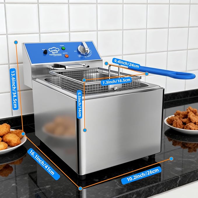 8L Professional Electric Fryer, 1800 W Commercial Electric Fryer Made of Stainless Steel with Basket, Temperature Control 80-200 °C, Fast Heating for Restaurant and Home