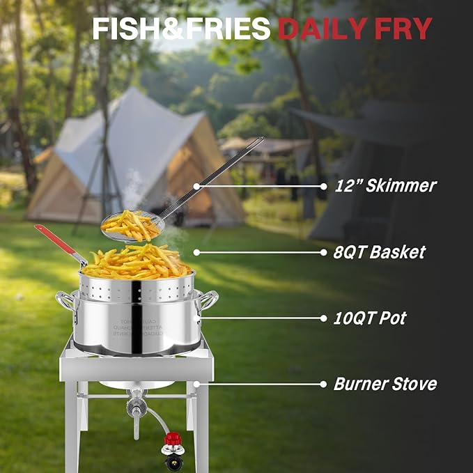 30QT Turkey Fryer Kit | Stainless Steel | Cover | Skimmer | 50,000BTU Burner | Outdoor Deep Fryers with Basket | Seafood Boil Pot | Crab Shirmp & Crawfish Boiler