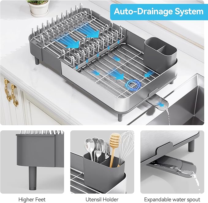 Dish Drying Rack, 304 Stainless Steel Dish Drainer with Removable Utensil Holder & Drain Board, Rustproof Space-Saving Dish Rack for Kitchen Countertop, Grey