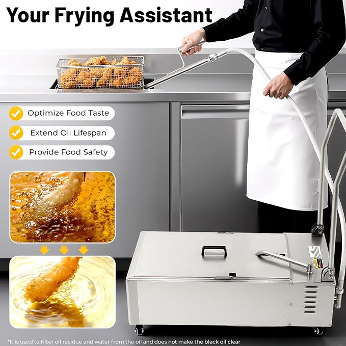 Mobile Fryer Filter Machine, 370W 110V 55L/14.5 Gal Commercial Oil Filler Cart Truck Separator Stainless Steel Cooking Oil Filtration System with 10L/2.64/Gal/min Pump for Supermarket Restaurant