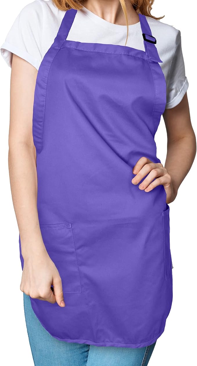DALIX Apron Commercial Restaurant Home Bib Spun Poly Cotton Kitchen Aprons (2 Pockets) (2, Purple)