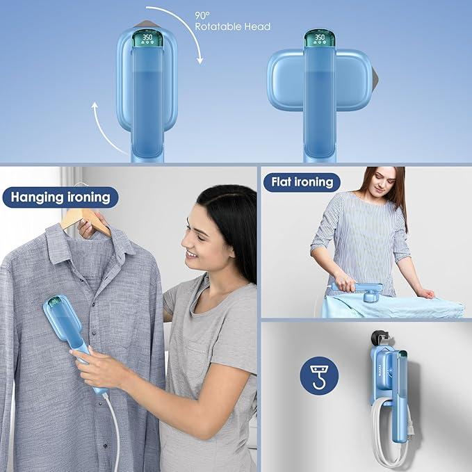 FEPPO Travel Steamer for Clothes, 110-240V Dual Voltage Portable Steamer & Iron 2 in 1, Fast Heat Up, 1100W Powerful Garment Steamer, Large Ceramic Heat Panel for Home & Global & Europe Traveling
