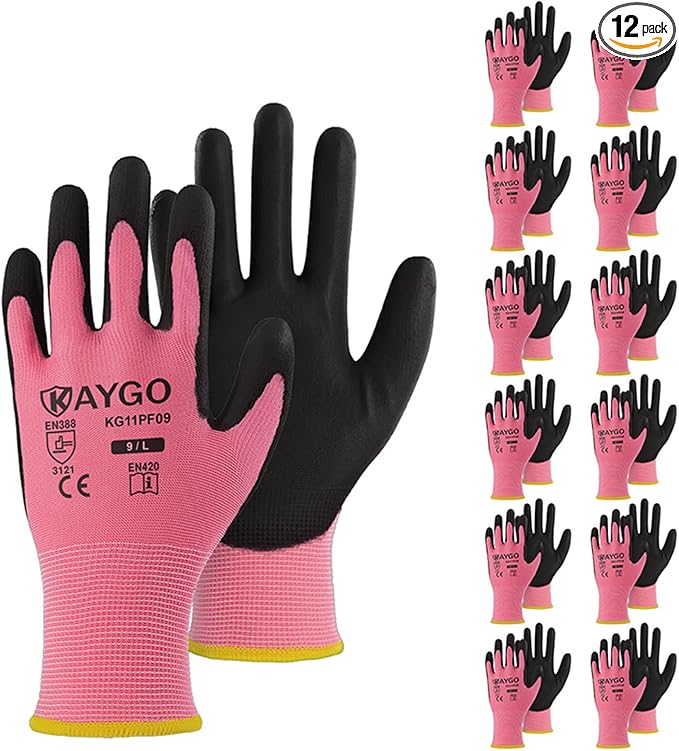 KAYGO Safety Work Gloves PU Coated-12 Pairs, KG11P Seamless Knit Glove with Polyurethane Coated Smooth Grip on Palm & Fingers, for Men and Women, Ideal for General Duty Work,Pink,Large